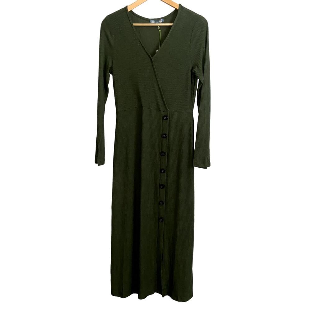 Good Luck Gem Ribbed Maxi Dress Long Sleeves Olive Green Size Large NWT !